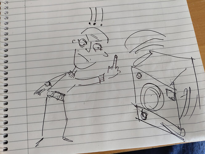 an angry looking figure glares at a washing machine with their middle finger raised