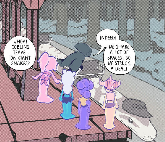 four slime girls of various colors and a cloaked goblin wait on a train platform for a giant snake wearing the cutest conductor's hat