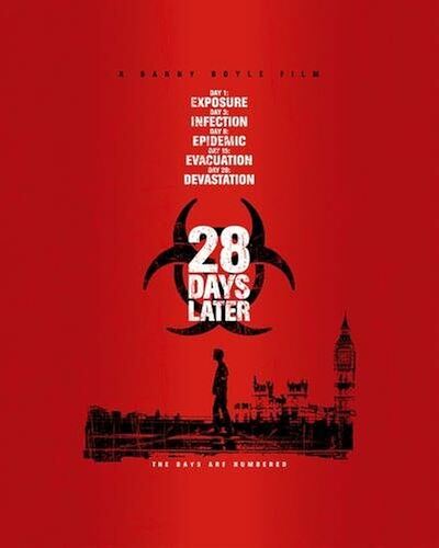 28 days later poster. It's a vibrant red, with a biohazard warning logo superimposed above the London skyline in black with the title set in white on top. A figure walking can be seen in the bottom center.