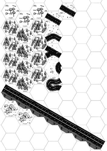 handdrawn hexagonal tiles (road, forest)