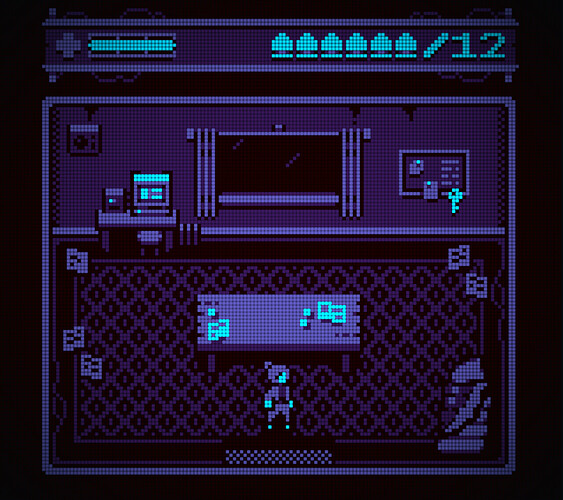 screenshot of a pixel art game in a Game Boy style. A character stands in the doorway of a messy room with papers strewn across the floor. A computer glows in the top left corner, whilst a pinboard with a large key suspended for it is in the top right. Outside, rain pours down.