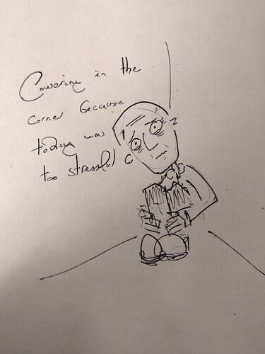 quick sketch of a bald man cowering in a corner in the fetal position due to stress