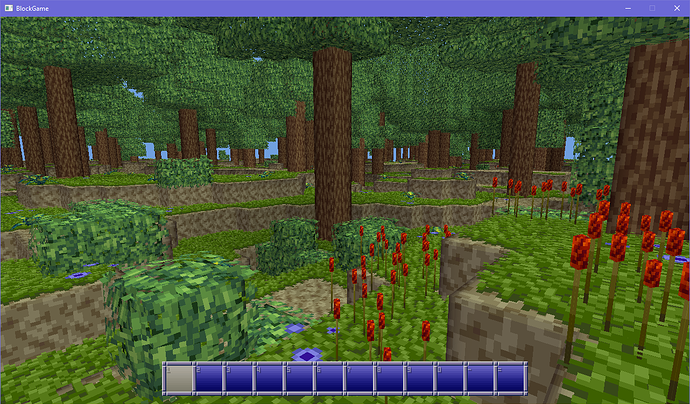 A voxel engine forest scene with leaf block clumps scattered around to make bushes