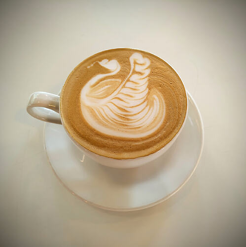 Picture of a latte, with a swan latte art on top. The formation of bubbles in the microfoam is indicative that the coffee had sat around for a short while before the photo was taken!