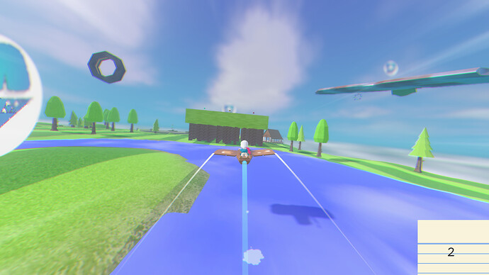 Screenshot of player flying low over a lake, the water is a flat texture with blue and white spoots