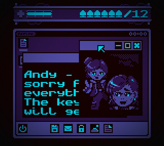 Screenshot from a pixel art game. The desktop of a computer is visible, with multiple icons along the taskbar and a couple of open files. A text file is partially visible, obscured by a larger photo of two figures posing playfully for the camera whilst smiling