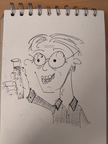 cartoon of a bespectacled man excitedly waving a test tube around. He wears a crazed expression