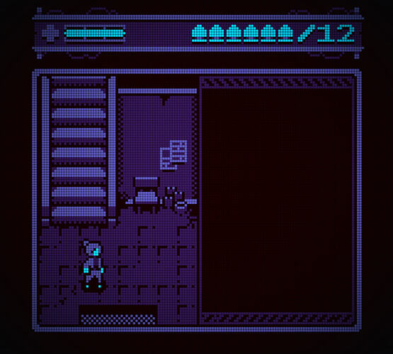 Pixel art scene in which a character stands at the base of a flight of stairs. On the right hand side of the staircase are posters, a chair and some difficult to identify items - possibly drinks and an ashtray? Clearly one of the residents of the appartment block uses this space to get away from fellow residents. The scene is rendered with a simple 2-bit palette, with a blue-purple hue.