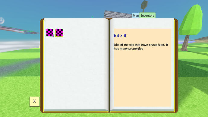 Screenshot of a menu in game showing a book with inventory items