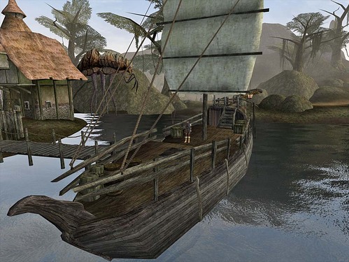 A screenshot from the game TES III: Morrowind, namely the imperial prison ship docked at Seyda Neen.