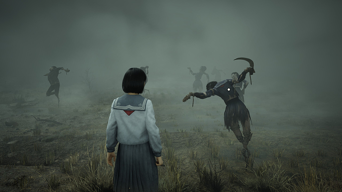 Screenshot from Silent Hill F: Hinako stands in a field full of eerie scarecrow figures
