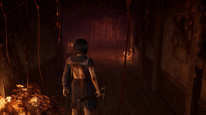 Screenshot from the game Silent Hill F. Protagonist Hinako stands at the end of a long corridor, lit with an ominous red-orange glow and filled with red vegetation.