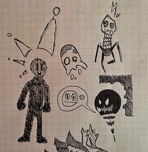Various messy doodles including a weird inky blob creature and a bacteriophage-type thing with swirly eyes