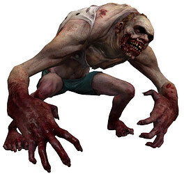 Jockey from Left 4 Dead 2. It's tiny, and hunched over with huge, bloody red hands, receding ginger hairline and white vest with tiny blue shorts. I can't tell if it's supposed to have blood surrounding it's mouth or lips torn off - could be either or