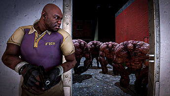 Coach standing in an open doorway, staring angrily at a group of four tanks whilst carrying only a pistol. I don't see this encounter going well for him.