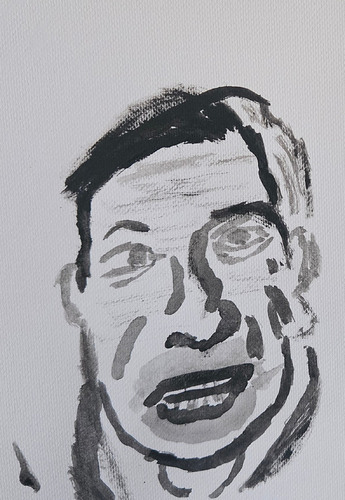 A black and white painting of a grinning man who looks a bit like Nigel Farage.
