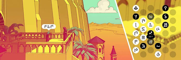 Screenshot from the game Chants of Sennaar. On the left, a child speaks to the player character on a raised platform in a strange language. The platform is situated far above a desert on the outside of some truly formidable city walls. The sky is green-blue with white clouds, and the entire scene is an intense and very warm yellow tone. On the right, a series of strange glyphs are visible.