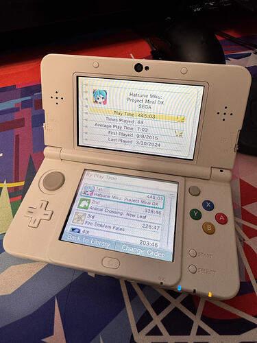 sodapone's New Nintendo 3DS Activity Log. Top four most-played games are Hatsune Miku: Project Mirai DX (445:03), Animal Crossing: New Leaf (338:46), Fire Emblem Fates (226:47), and Pokémon X (203:46).