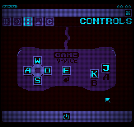 Screenshot from a game boy styled horror game. A menu interface showing a large controller inspired by SNES/NES controllers is visible, labelled in-game as GAME D-VICE. Various buttons indicate which keys are mapped to which function.