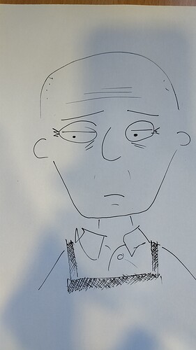 pen and paper sketch of an intensely bored looking person with heavy bags under their eyes