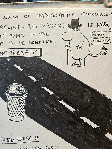 Moominpappa stood on one side of a road, next to a sign reading ‘Moomin Dialectical Therapy’ (is he therapist or client? Who knows) and staring longingly at a lidded paper cup of coffee on the other side