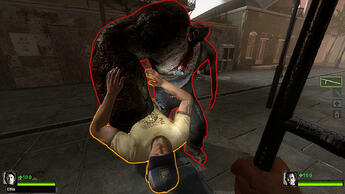 A charger has captured Ellis and is pounding him into the ground. Nick looks on, considering his options.