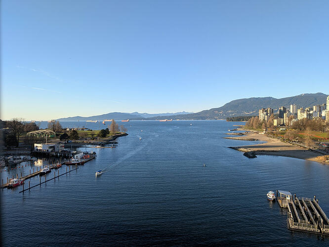 A picture taken from above a river in the middle. A small boat dock in the bottom right with a ferry docked, near the left bank there's some boats docked, on the right bank there's some greenery and some tall buildings in the background. Further down the river, into a large opening there's multiple container ships and behind that is multiple hills.