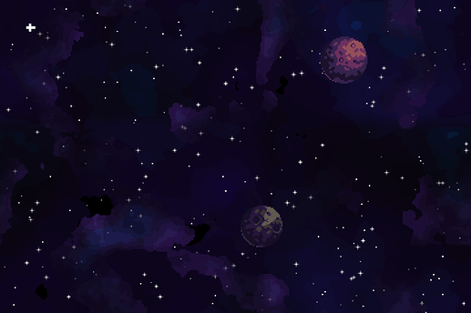 screenshot from the web app Space Generator. Two planets float through a starry sky, surrounded by clouds of glowing purple gas.