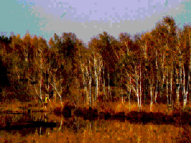 Autumnal birch trees on the shore of a pond, with glorious red and orange hues through the leaves. Colour count is relatively low, with noticeable pixelation. Oddly, colour components of the image are rendered at a much higher resolution than light and dark, resulting in a really strange mosaic-like feeling.