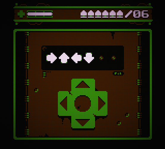 Screenshot from a pixel art game. It shows some kind of combination lock using a d-pad as an entry device. The scene is rendered with a 2-bit palette in and unpleasant mix of black, brown, green and pink, and is overlaid with a dot-matrix style shader.