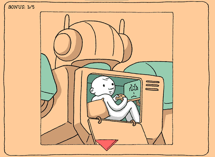 Luig, concealed in the back compartment of a giant robot. He's playing space invaders! The scene is drawn with a simple line art style with a limited cream and teal palette, and has a playful aesthetic.
