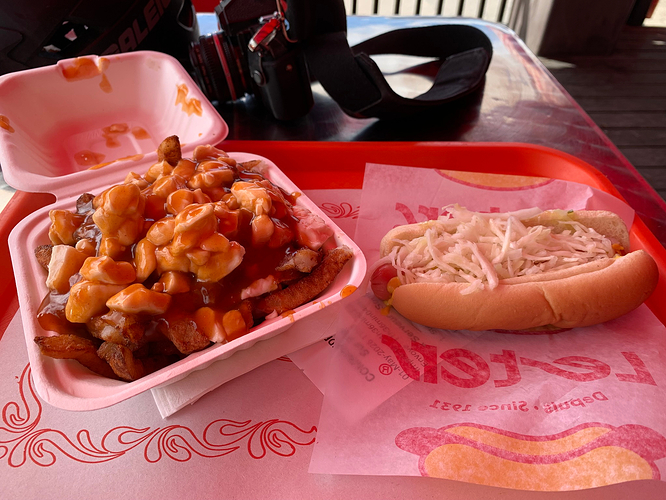 close-up of the hot dog & poutine
