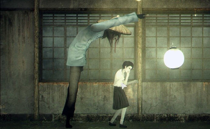 Screenshot from the game Detention. The protagonist, a young girl dressed in school uniform, stands in a dark and dirty corridor holding her breath as a lantern spirit peers down at her menacingly.