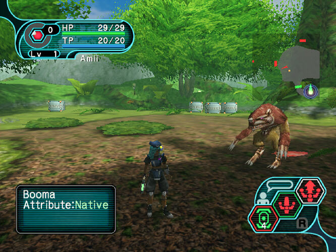 Phantasy Star Online Episode I & II Plus (GC, 2002) - a Booma slowly approaches my ranger in the Forest area