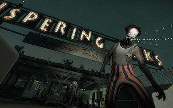 A clown Zombie, standing before the illuminated sign to Whispering Oaks amusement park. The image is from a low, Dutch angle