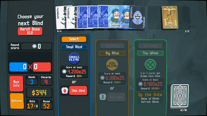 Screenshot of the game Balatro, with a completely broken build consisting of 2 Sock & Buskin Jokers, 3 Blueprints, 2 Taboulet and a negative