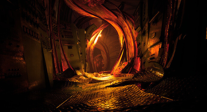 Screenshot from the game Still Wakes The Deep. A corridor on an oil rig, composed of electronic panels and checker-plated flooring has been severely deformed by a strange, organic material that has burst through the floors and walls. The scene is dark, but with warm spotlighting in select places.