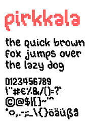 Sample text for the font pirkkala, a playful, handwritten style pixel font
