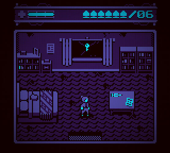 screenshot from a pixel art game. A character with hair tied back stands in the center of a bedroom. Bookshelves are positioned against the back wall, and a key hangs from a string in the window. On a table to her right is a syringe and a hastily scrawled note. It's rendered with a blue-purple 2-bit palette overlaid with a dot matrix style effect.