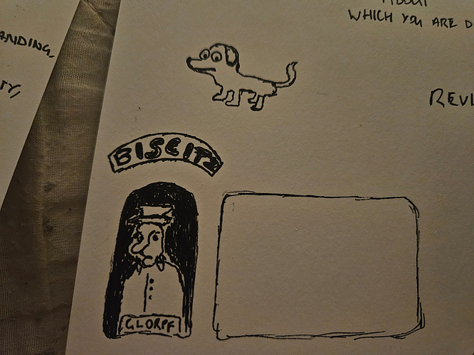 A small dog with a long snout and a longer tail looks down nervously. Below him, under a sign reading 'BISCITZ', a goonish-looking fellow (as in the goons from Popeye comics) looms at a service window, wearing a hat and uniform jacket. A nameplate on the counter identifies him as 'Glorpf'.