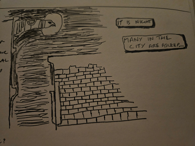 A Gotham-style night city scene, with an art-deco skyscraper finial (like on the Chrysler building) thrusting in front of the distant moon, and captions reading 'It is night. Many in the city are asleep...'