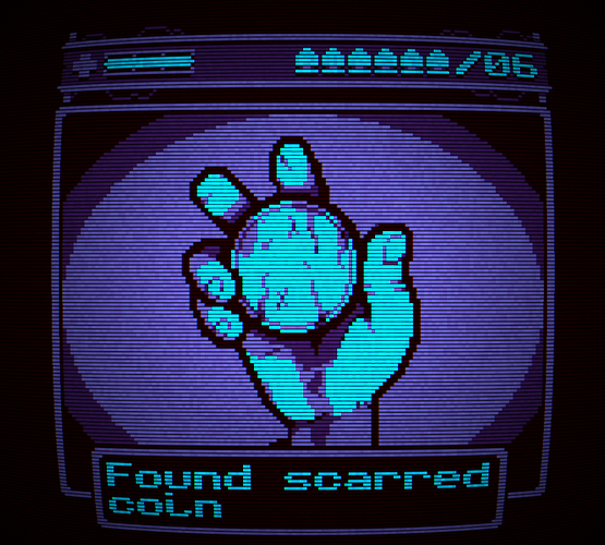 A slightly funky pixel art hand holding a round object labelled as "scarred coin". It's drawn in a 2-bit palette and overlaid with a crt-style shader
