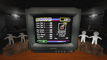 A CRT monitor displaying some kind of shop interface set out in a style reminiscent of teletext sits in the center of a large, dark room. It's surrounded on either side by strange figures that appear to be cut from sheet metal. Those on the right are upright and illuminated by tiny spotlights, but those on the left have their heads bent backwards and no light. The room itself is a mix of bare concrete and brickwork, lit by tube lights and filled with heavy tools - perhaps some sort of garage or workshop.