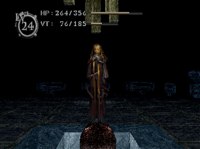 Baroque (Sega Saturn, 1998) - Eliza hovers over a sense sphere in a dark and foreboding environment, the low resolution and scanlines obscure her facial features and the exact nature of her garb