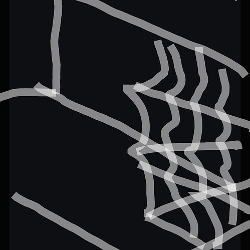 Closeup of some black steps that have a spiderweb in the corner. Roughly drawn using my phone’s built-in screenshot annotation.
