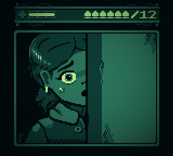 screenshot from a pixel art game. A character with hair tied back stares wide-eyed at something horrifying just behind the viewer. She wears a jacket with a large, contrasting collar. It's rendered with a green 2-bit palette overlaid with a dot matrix style effect.