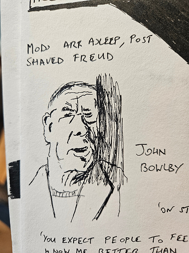 A quick sketch in black pen of attachment theory pioneer John Bowlby