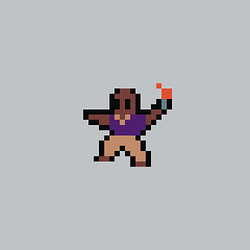 A tiny pixel art depiction of Coach from the game Left 4 Dead 2, posed as if about to throw a pipe bomb. He wears a purple tee and beige slacks.