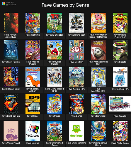a grid of my fave games by genre