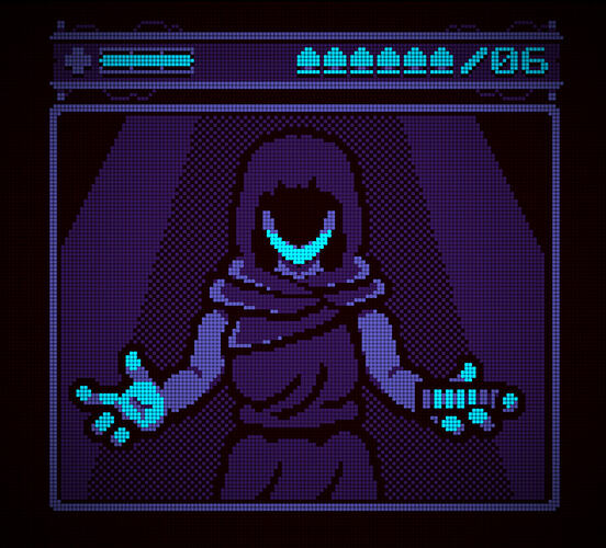 Pixel art drawing of a statue with outstretched arms directly facing the viewer. It has a black void in place of a face, and wears robes with no sleeves and a tattered hood. Its left hand holds some kind of metallic disk, whilst the right is empty and open palmed as if waiting for an object to be placed in it. The background is comprised of angled chunks of both block colours and dithering, implying lighting from above. The image is drawn with a blue-purple 2-bit palette, and is overlaid with a shader imitating a dot-matrix style screen.